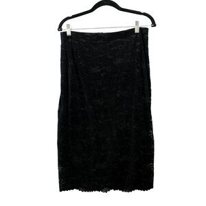 Chico's Lace Layer Skirt Size 4 Black Velvet Lace Straight Midi Back Slit